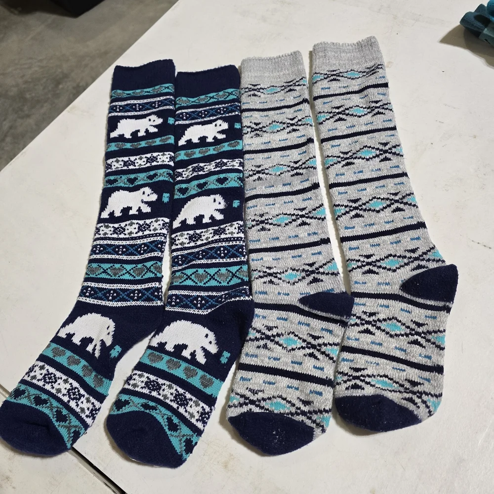 Polar Bear Plaid Warm, Thick Socks - Blue/Gray Striped, Polar Bear, Like NEW